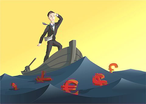 Man on the boat in the ocean of money.