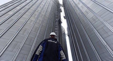 A worker stands beside grain storage silos, operated by Bunge Ltd., at Nikolaev port in Nikolaev, Ukraine, on Wednesday, Aug. 31, 2016. Ukraine's government is struggling to unlock a $17.5 billion international bailout from the International Monetary Fund after delays in passing a series of reforms to boost transparency and improve the court system. Photographer: Vincent Mundy/Bloomberg