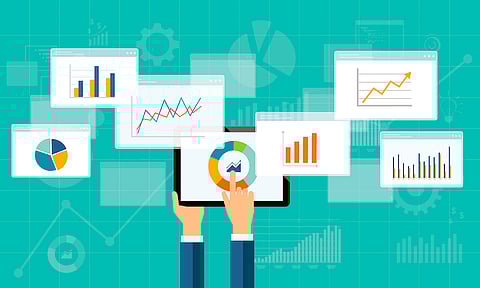 flat business analytics graph on mobile device and finance investment planning background
