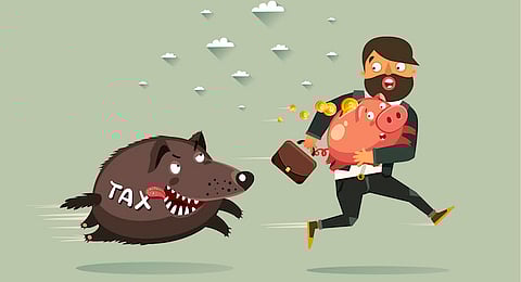 Tax consulting, planning and optimization funny concept. Businessman with briefcase and Piggy Bank run away from Taxes boar. Vector colorful illustration in flat style