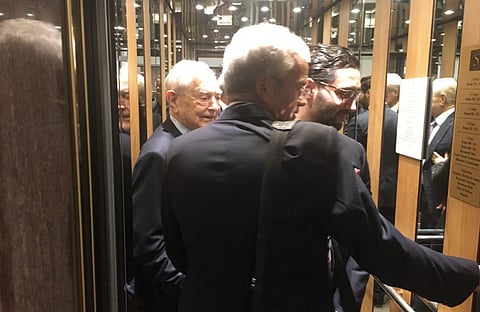 Philanthropist George Soros in an elevator in Davos, 2017.