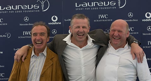 File photo: Hugo Porta and Sean Fitzpatrick (at the centre) with Andrew Hunt at the 2008 Laureus Day at Ham Polo Club, London. Wikipedia.