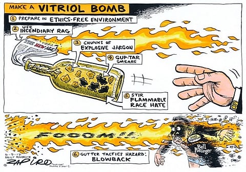 Zapiro at his best. The hazard of gutter tactics - a blowback. More magic available at www.zapiro.com.