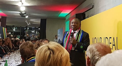 Cyril Ramaphosa goes off piste at a Brand SA dinner in Davos. Pic: Gareth van Zyl