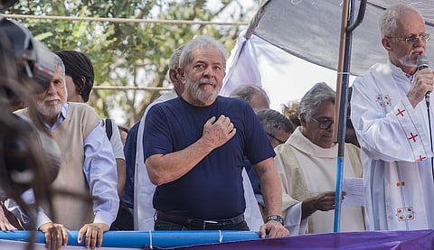 Former President Luiz Inacio Lula da Silva speaks to supporters and members of the media as the court orders for his arrest in  So Bernardo, Brazil, on Saturday,  April 7, 2018. Photographer: Rodrigo Capote/Bloomberg