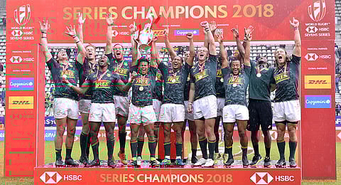 PARIS, FRANCE - JUNE 10:  Series Champions 2018 men team South Africa pose with the trophy at the HSBC Paris Sevens, stage of the Rugby Sevens World Series at Stade Jean Bouin on June 10, 2018 in Paris, France.  (Photo by Aurelien Meunier/Getty Images for HSBC)