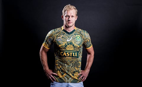 Philip Snyman models the Madiba-inspired Blitzbok jersey worn at the Cape Town Sevens. Credit: SARugby