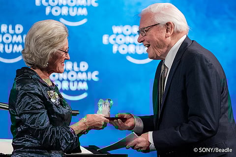 Sir David Attenborough, Broadcaster and Naturalist, David Attenborough, United Kingdom; Cultural Leader recives his Crystal Award from Hilde Schwab, Chairperson and Co-Founder, Schwab Foundation for Social Entrepreneurship, Switzerland during the Session "The 25th Crystal Awards" in "Congress Hall" at the Annual Meeting 2019 of the World Economic Forum in Davos, January 21, 2018.
Copyright by World Economic Forum / Greg Beadle
