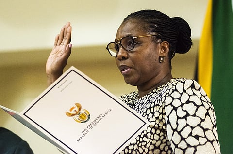 Ayanda Dlodlo, South Africa's state security minister, gestures as she speaks during a swearing-in ceremony in Pretoria, South Africa, on Thursday, May 30, 2019. Now that South Africa's cabinet has been announced, the rand may join its emerging-market peers in being whipsawed by a trade war that has subdued markets worldwide. Photographer: Waldo Swiegers/Bloomberg
