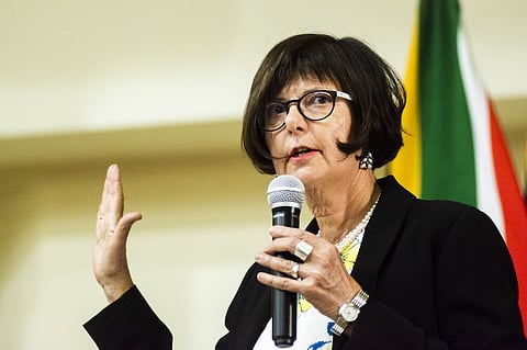Barbara Creecy, South Africa's environment, forestry and fisheries minister, gestures as she speaks during a swearing-in ceremony in Pretoria, South Africa, on Thursday, May 30, 2019. Now that South Africa's cabinet has been announced, the rand may join its emerging-market peers in being whipsawed by a trade war that has subdued markets worldwide. Photographer: Waldo Swiegers/Bloomberg