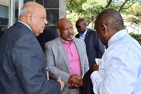 Eskom Chairman Jabu Mabuza welcomes President Cyril Ramaphosa and Public Enterprises Minister Pravin Gordhan to an emergency Eskom board meeting on Wednesday. Picture: GCIS