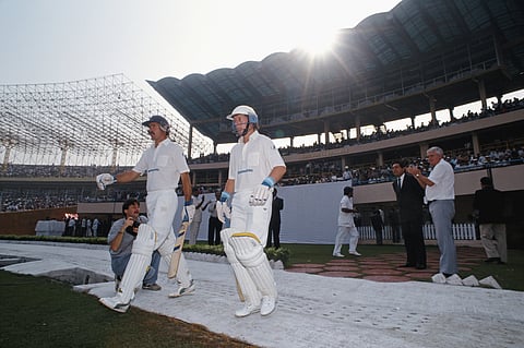 CALCUTTA, INDIA - NOVEMBER 10: South African batsmen Jimmy Cook (l) and Andrew Hudson step out to open the batting watched by Dr Ali Bacher (2nd r)at the 1st ODI between India and South Africa at Eden Gardens in Calcutta, India, this was South Africa's first tour after readmission to the ICC. (Photo by Shaun Botterill/Allsport/Getty Images)