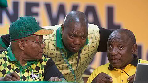 JOHANNESBURG, SOUTH AFRICA – DECEMBER 17, 2017: African National Congress (ANC) president Jacob Zuma, Zweli Mkhize and Cyril Ramaphosa during day two of the 54th National Conference on December 17, 2017 in Johannesburg, South Africa. People gathered at the Nasrec Expo Centre to be a part of the ANC national conference for the vote for a new ANC president. (Photo by Gallo Images / Netwerk24 / Deaan Vivier)