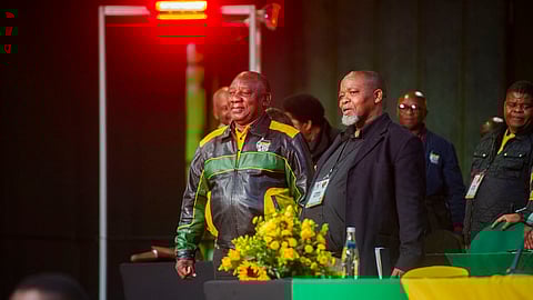 President of the ANC Cyril Ramaphosa and Gwede Mantashe at the African National Congress (ANC) 6th National Policy Conference on Day 1 at Nasrec Expo on July 29, 2022 in Johannesburg, South Africa. The ANC will review policies, reflect on its role in society and discuss a plan for the next five years. (Photo by Gallo Images/Alet Pretorius)