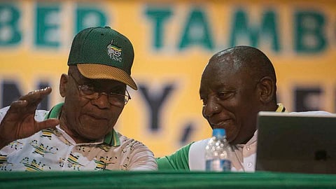 SOWETO, SOUTH AFRICA – DECEMBER 18: President Jacob Zuma and Cyril Ramaphosa (who is the new president of the ANC) during the announcement of new party leadership at the 5th African National Congress (ANC) national conference at the Nasrec Expo Centre on December 18, 2017 in Soweto, South Africa. As ANC delegates‚ supporters of the two presidential candidates were equally confident that their preferred choice will be announced as the new president of the ANC. The race was between Nkosazana Dlamini-Zuma and Cyril Ramaphosa‚ the only two nominees for the party's top position. (Photo by Gallo Images / Alet Pretorius)