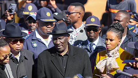 SOWETO, SOUTH AFRICA - JULY 11: Minister Bheki Cele visits Nomzamo Informal Settlement in Orlando East on July 11, 2022 in Soweto, South Africa. The visit comes after unknown gunmen randomly opened fire at patrons and fourteen people were killed and nine others wounded in the mass shooting. (Photo by Gallo Images/Papi Morake))