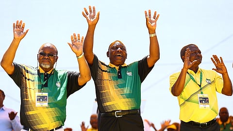 ANC Chairperson, Gwede Mantashe, party  President, Cyril Ramaphosa and his deputy David Mabuza on stage during the delivery of Ramaphosaís January 8 Statement at the partyís 106th birthday celebrations at Absa Stadium on January 13, 2018 in East London, South Africa. Ramphosa delivered his January 8 Statement as Africaís oldest liberation movement, celebrated its 106th birthday in the Eastern Cape. (Photo by Gallo Images / Sowetan / Masi Losi)