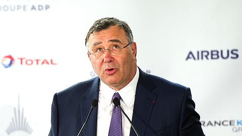 Patrick Pouyanne, chief executive officer of Total SE, speaks during a news conference ahead of a sustainably fuelled long haul Air-France-KLM flight from Charles de Gaulle airport in Roissy, France, on Tuesday, May 18, 2021. Airbus SE will buttress its moonshot plan to build a hydrogen aircraft by the middle of the next decade with an effort to power conventional jets with sustainable fuels. Photographer: Nathan Laine/Bloomberg