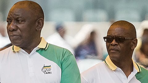 African National Congress (ANC) President Cyril Ramaphosa (L) and ANC Secretary General Ace Magashule (R) attend the African National Congress' (ANC) 107th anniversary celebrations at the Moses Mabhida Stadium in Durban on January 12, 2019. Photographer: Rajesh Jantilal/AFP/Getty Images