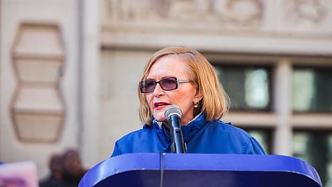 Helen Zille address DA supporters during a protest against School Capture Bill outside the offices of MEC Panyaza Lesfi on July 05, 2022 on July 05, 2022 in Johannesburg, South Africa. The Basic Education Laws Amendment (BELA) Bill seeks to introduce new regulations around schools and education  in South Africa. (Photo by Gallo Images/OJ Koloti)