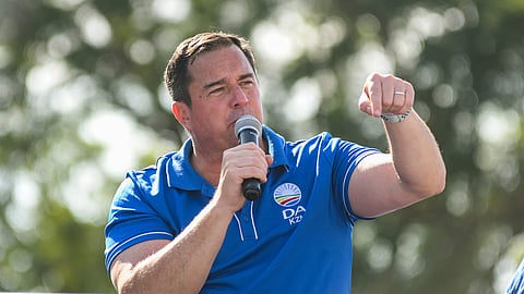PIETERMARITZBURG, SOUTH AFRICA - MAY 27: John Steenhuisen, DA Federal leader during the march to the  office of KwaZulu-Natal Cooperative Governance and Traditional Affairs, MEC Sipho Hlomuka to demand action against the state of affairs in Msunduzi Local Municipality on May 27, 2022 in Pietermaritzburg, South Africa. According to a media release, the municipality has failed to deliver services - from unfunded budgets, water, and electricity crisis, to ultimately being placed under administration.  (Photo by Gallo Images/Darren Stewart)