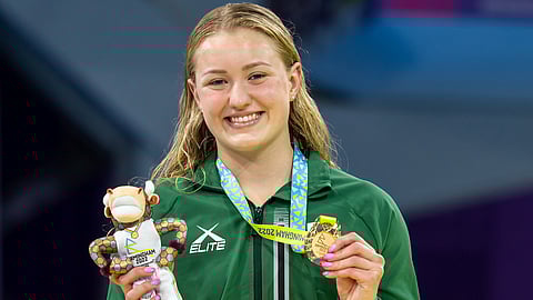 SMETHWICK, ENGLAND - AUGUST 02: Lara van Niekerk of South Africa winning a gold medal during the Women's 100m Breaststroke during the swimming event on day 5 of the 2022 Commonwealth Games at Sandwell Aquatics Centre on August 02, 2022 in Smethwick, England. (Photo by Anton Geyser/Gallo Images)