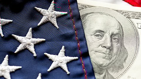 Close-up of Money and Flag.