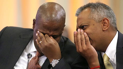 File Photo: Eskom CEO Brian Molefe and the power utility’s CFO Anoj Singh during a meeting with Parliament’s Standing Committee on Public Accounts (SCOPA) on May 30, 2017 in Cape Town, South Africa. The Eskom delegation appeared before Scopa to explain how coal contracts were awarded to the Gupta-linked Tegeta company. (Photo by Gallo Images / Sowetan / Esa Alexander)