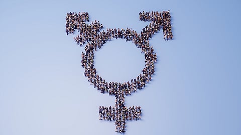 Crowd of people shaped like transgender symbol. (3d render)