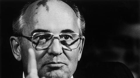 Mikhail Gorbachev, Russian President, gestures as he speaks during his new conference following the weekend summit with U.S. President Ronald Reagan in Reykjavik, Iceland, on Sunday, October 12, 1986. (Photo by Bryn Colton/Getty Images)