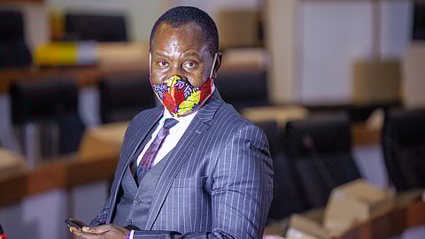 Mosebenzi Zwane testifies before the Zondo Commission on October 12, 2020 in Johannesburg, South Africa. It is reported that the Commission heard evidence relating to the Free State Province R1-billion housing project. (Photo by Gallo Images/Papi Morake)