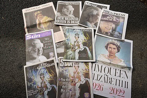 YORK, ENGLAND - SEPTEMBER 09: British National newspapers cover the announcement that Queen Elizabeth II has passed away on September 09, 2022 in York, England. Elizabeth Alexandra Mary Windsor was born in Bruton Street, Mayfair, London on 21 April 1926. She married Prince Philip in 1947 and acceded the throne of the United Kingdom and Commonwealth on 6 February 1952 after the death of her Father, King George VI. Queen Elizabeth II died at Balmoral Castle in Scotland on September 8, 2022, and is succeeded by her eldest son, King Charles III. (Photo by Ian Forsyth/Getty Images)