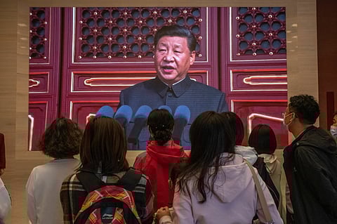 A video featuring Chinese President Xi Jinping at the Museum of the Chinese Communist Party in Beijing, China, on Tuesday, Oct. 4, 2022. China's Party Congress, which begins mid-October, is expected to see Xi secure a precedent-breaking third term in power. Source: Bloomberg