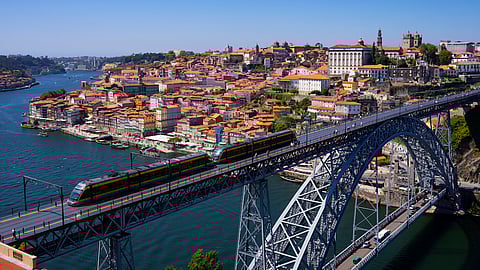 Aerial view of famous bridge in Porto, Portugal