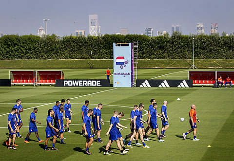Hoardings for commercial partners surround a practice session of the Dutch national team at the Qatar University training complex in Doha, Qatar, on Nov. 16. Photographer: Koen Van WeelANP/Getty Images