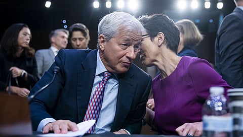 Jamie Dimon, chairman and chief executive officer of JPMorgan Chase & Co., left, speaks with Jane Fraser, chief executive officer of Citigroup Global Markets Inc., following a Senate Banking, Housing, and Urban Affairs Committee hearing in Washington, D.C., US, on Thursday, Sept. 22, 2022. Lawmakers yesterday seized on recent political tensions and hot-button social issues in a hearing with the chief executive officers of America's largest retail banks asking them on everything from the escalation of the Ukraine conflict and racial equity to fossil-fuel financing.
