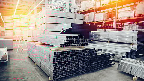 Steel, Shelf with structural materials on the shelves in the building warehouse. high contrast and monochrome color tone.Concept logistics companies and large warehouse industrial