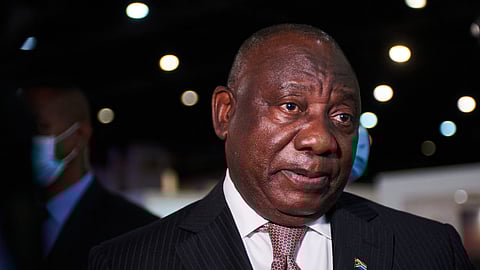 Cyril Ramaphosa, South Africa's president, speaks to journalists at the South Africa Investment Conference in Johannesburg, South Africa, on Thursday, March 24, 2022. The South African rand is up more than 7% this year, reversing losses seen at end-2021.