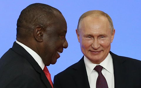 SOCHI RUSSIA - OCTOBER,23 (RUSSIA OUT) Russian President Vladimir Putin (R) greets South African President Cyril Ramaphosa (L) during the welcoming ceremony at the Russia-Africa Summit in Black Sea resort of Sochi, Russia, October 23, 2019. Leaders of African countries have gathered in Sochi for two-days summit. (Photo by Mikhail Svetlov/Getty Images)