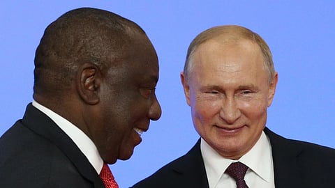 SOCHI RUSSIA - OCTOBER,23 (RUSSIA OUT) Russian President Vladimir Putin (R) greets South African President Cyril Ramaphosa (L) during the welcoming ceremony at the Russia-Africa Summit in Black Sea resort of Sochi, Russia, October 23, 2019. Leaders of African countries have gathered in Sochi for two-days summit. (Photo by Mikhail Svetlov/Getty Images)