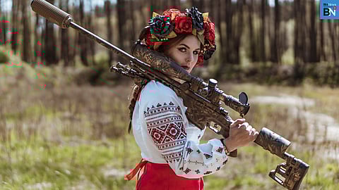 Sniper Tatiana Kebkalo in traditional Ukrainian dress. - Supplied by Omega Consulting Group (OCG)