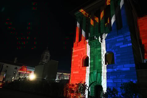 A light projection of the South African flag ahead of the inauguration of the South African president at the Union buildings in Pretoria, on June 19.