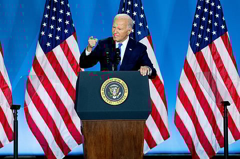 US President Joe Biden at a news conference during the NATO Summit in Washington, DC, US, on Thursday, July 11, 2024. President Joe Biden and NATO's 31 other leaders had hoped their summit would celebrate fresh unity against Russia's Vladimir Putin, send a warning to China and prove the alliance is as strong as ever in its 75th year, but the three days of pageantry will be overshadowed by domestic turmoil across the alliance. Photographer: Graeme Sloan/Bloomberg
