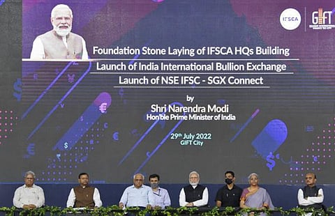 Modi laying the foundation stone for the International Financial Services Centre Authority at GIFT City