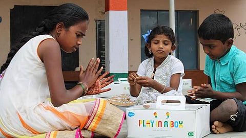 The ‘play-in-a-box’ kits help build motor skills, analytical skills and hygiene practices