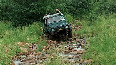 A refit Pixy electric vehicle running offroad in the forests