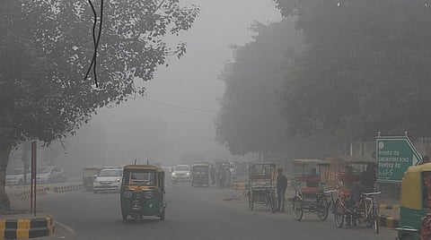 Smog envelopes a Delhi road