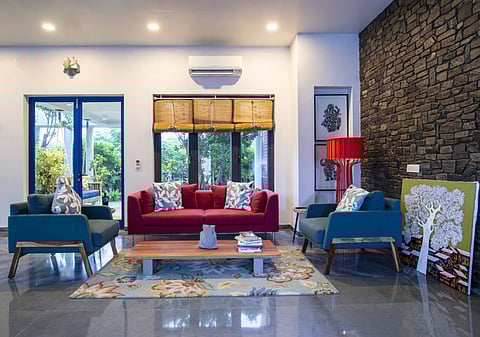 A spacious living room is focal point here