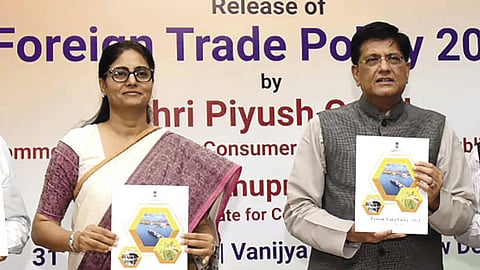 Piyush Goyal and Anupriya Patel unveiling the new Foreign Trade Policy 2023