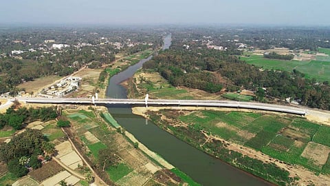 The Maitri Sethu (bridge of friendship) is built over the Feni river, which originates in Tripura and flows across Bangladesh
